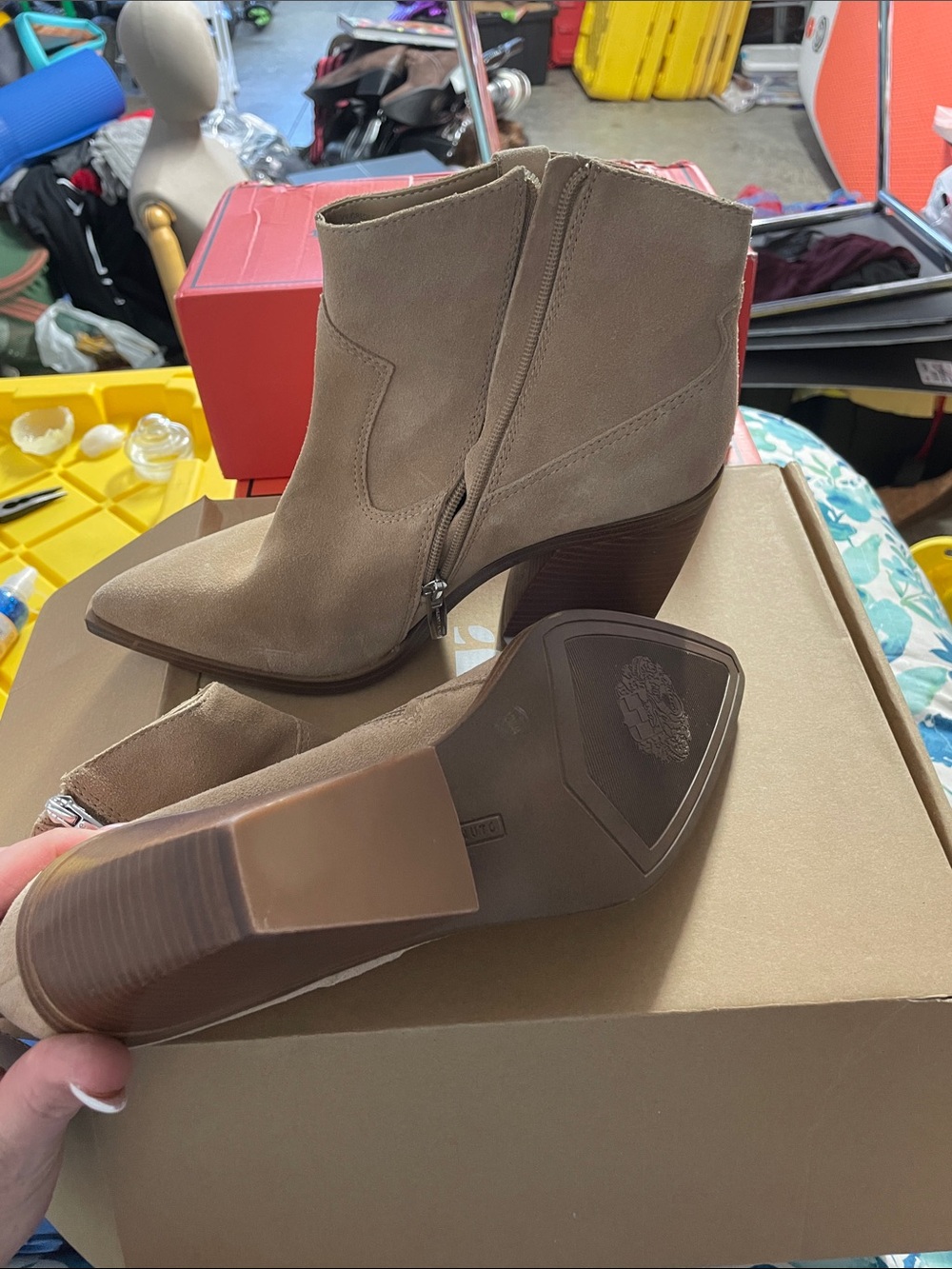 Vince Camuto Taupe Suede Pointed Ankle Booties with Block Heel